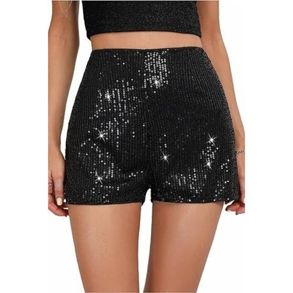 Women's Sequin Shorts High Waisted Large Black Concert Glitter Sparkle Rave